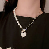 Asymmetrical Heart Necklace Pearl Zirconia Clavicle Chain