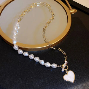 Asymmetrical Heart Necklace Pearl Zirconia Clavicle Chain
