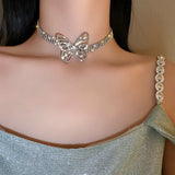 Butterfly Crystal Choker Necklaces with Tassel Rhinestone for Women