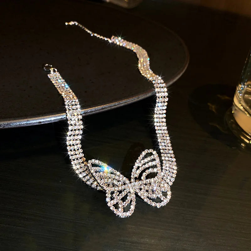 Butterfly Crystal Choker Necklaces with Tassel Rhinestone for Women