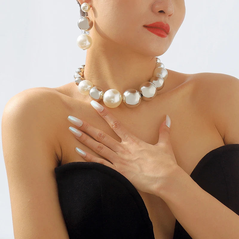 Colored Pearl Ball Necklace Tassel Hoop Earrings Hip Hop Street Jewelry Sets