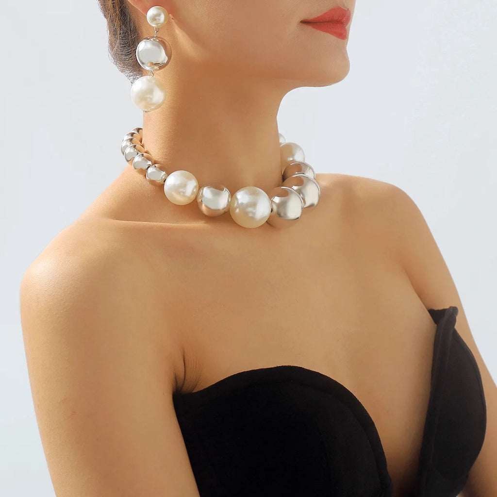 Colored Pearl Ball Necklace Tassel Hoop Earrings Hip Hop Street Jewelry Sets