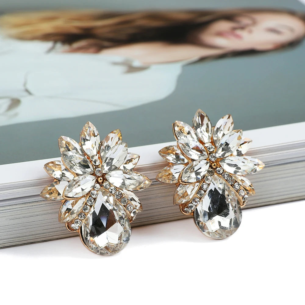 Colorful Clear Crystal Stud Earrings Flower Pendant Jewelry For Women