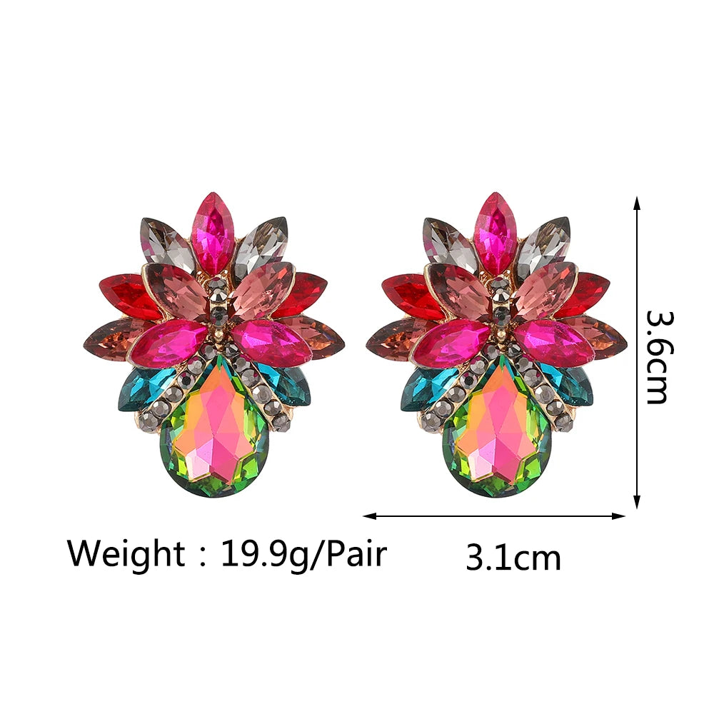 Colorful Clear Crystal Stud Earrings Flower Pendant Jewelry For Women