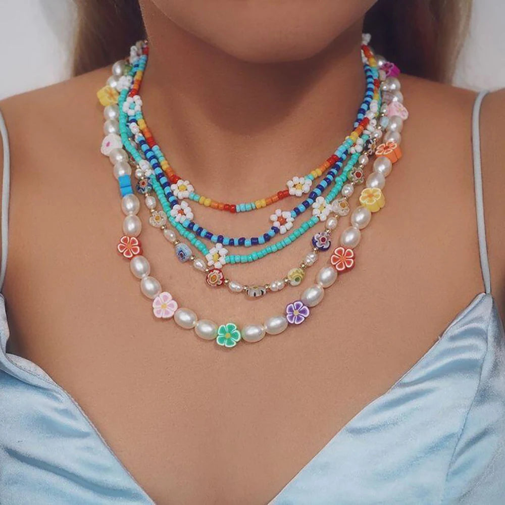 Colorful Daisy Beaded Necklace Bohemian Clavicle Chain Choker Jewelry