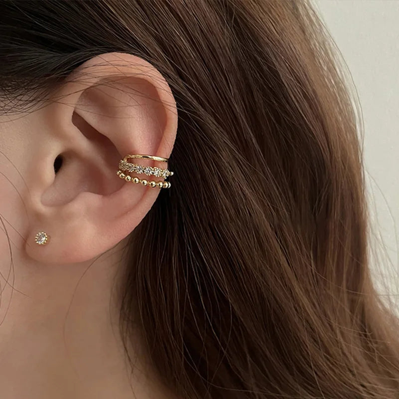 Double Layer Pearl Clip Earrings Zircon Ear Cuff Clip