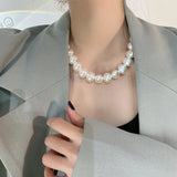Flat Round Large Pearl Beaded Chains Necklace Short Choker Retro Temperament Cla