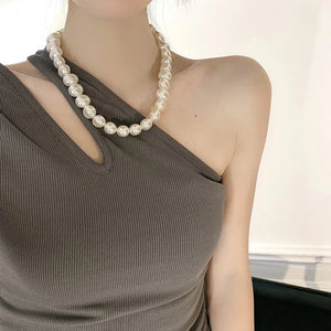 Flat Round Large Pearl Beaded Chains Necklace Short Choker Retro Temperament Cla