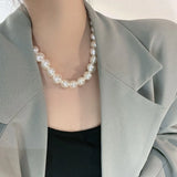 Flat Round Large Pearl Beaded Chains Necklace Short Choker Retro Temperament Cla