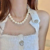 Flat Round Large Pearl Beaded Chains Necklace Short Choker Retro Temperament Cla