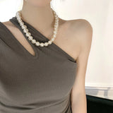 Flat Round Large Pearl Beaded Chains Necklace Short Choker Retro Temperament Cla