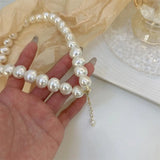 Flat Round Large Pearl Beaded Chains Necklace Short Choker Retro Temperament Cla