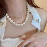 Flat Round Large Pearl Beaded Chains Necklace Short Choker Retro Temperament Cla
