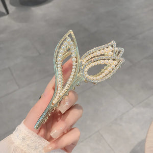 Geometric Tulip Flower Hair Clip Claw with Rhinestones & Pearl, Hair Accessories