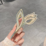 Geometric Tulip Flower Hair Clip Claw with Rhinestones & Pearl, Hair Accessories