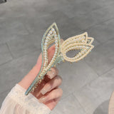 Geometric Tulip Flower Hair Clip Claw with Rhinestones & Pearl, Hair Accessories