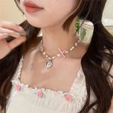 Goth Heart Bowknot Pendant Clavicle Chain Necklace for Women