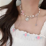 Goth Heart Bowknot Pendant Clavicle Chain Necklace for Women