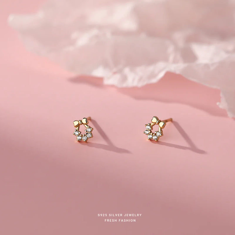 925 Silver Zircon Bow Stud Earrings for Women Girl