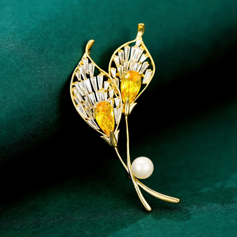 Pink Yellow Zircon Plant Brooch High-end