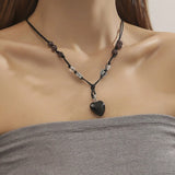 Love Heart Stone Pendant Necklace Double Layer Adjustable Chain Jewelry