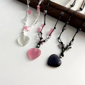 Love Heart Stone Pendant Necklace Double Layer Adjustable Chain Jewelry