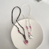 Love Heart Stone Pendant Necklace Double Layer Adjustable Chain Jewelry