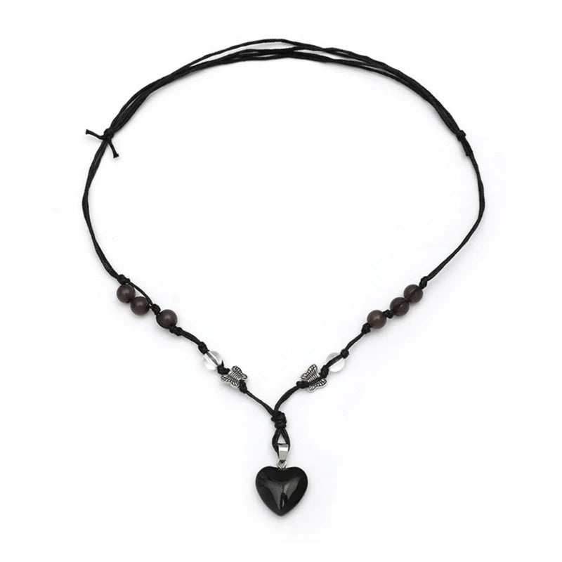 Love Heart Stone Pendant Necklace Double Layer Adjustable Chain Jewelry