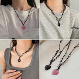 Love Heart Stone Pendant Necklace Double Layer Adjustable Chain Jewelry