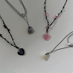 Love Heart Natural Stone Pendant Necklace for Women Girls