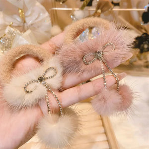 Mink Plush Hair Rope Claw Set Rhinestone Ball Hair Accessories