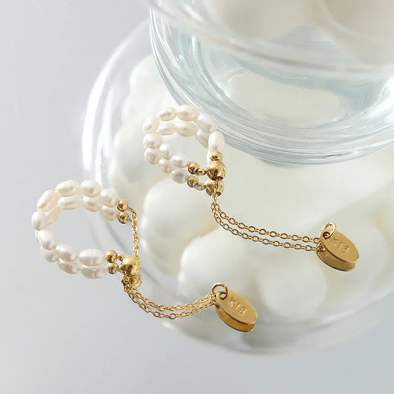 Freshwater Pearl Adjustable Rings for Women Rice Pearl Chain Finger Ring