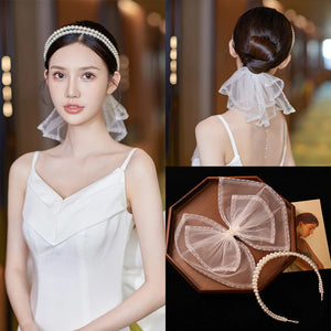 Pearl Headband Bride Wedding Crown Hairband Big Bowknot Hairpins Clips