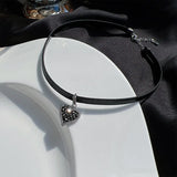 Neo-gothic Heart Zircon Pendant Leather Choker Necklace