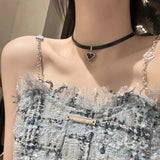 Neo-gothic Heart Zircon Pendant Leather Choker Necklace