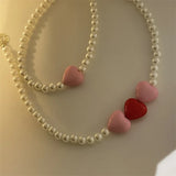 Rose Pink Love-Heart Paint Pearl Necklace Female Personality Temperament