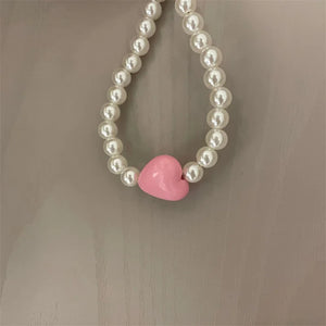 Rose Pink Love-Heart Paint Pearl Necklace Female Personality Temperament