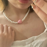 Rose Pink Love-Heart Paint Pearl Necklace Female Personality Temperament