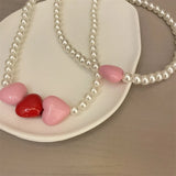 Rose Pink Love-Heart Paint Pearl Necklace Female Personality Temperament
