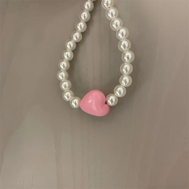 Rose Pink Love-Heart Paint Pearl Necklace Female Personality Temperament