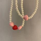 Rose Pink Love-Heart Paint Pearl Necklace Female Personality Temperament