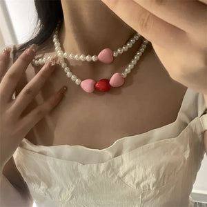 Rose Pink Love-Heart Paint Pearl Necklace Female Personality Temperament