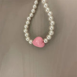 Rose Pink Love-Heart Paint Pearl Necklace Female Personality Temperament