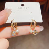 Zircon Square Ball Pearl Ear Clasp Earrings
