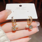 Zircon Square Ball Pearl Ear Clasp Earrings