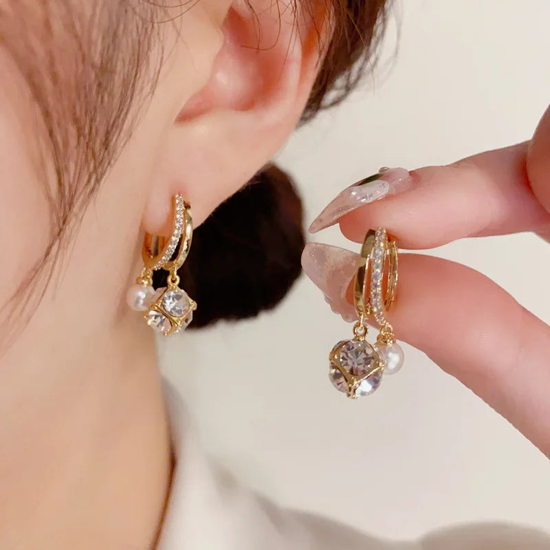 Zircon Square Ball Pearl Ear Clasp Earrings
