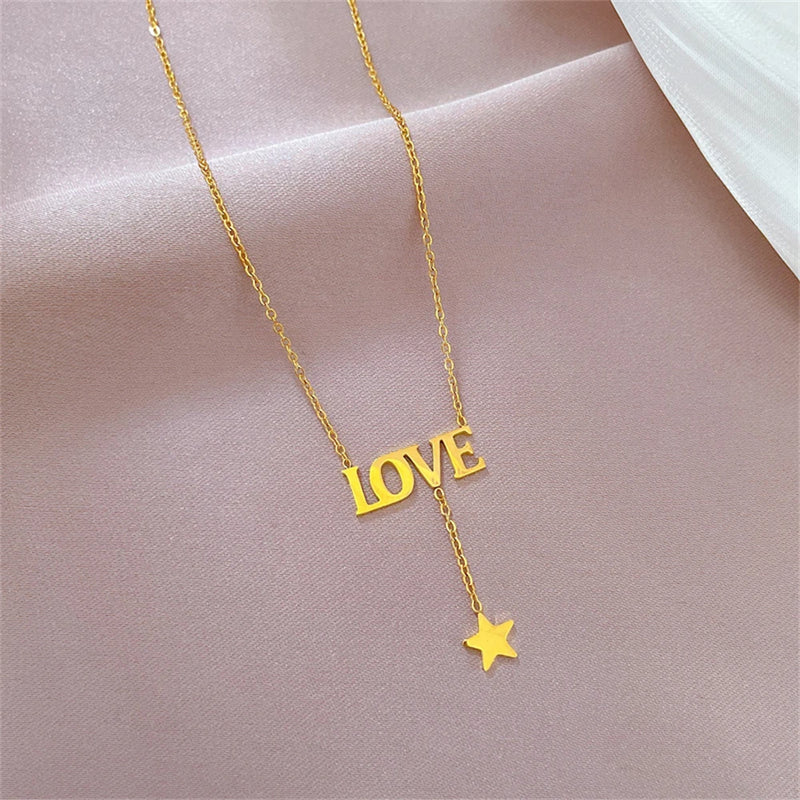 Stainless Steel Clavicle Chain LOVE Charm Star Necklaces Women Girls Jewelry