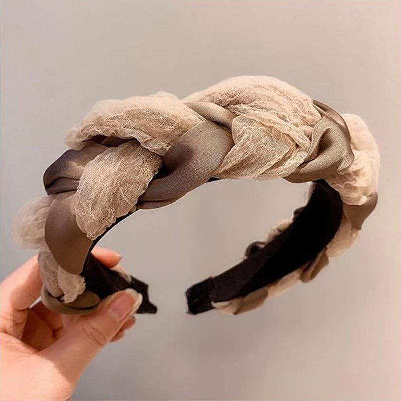 Fairy Silk Lace Gauze Headband Wide Side Multi-layer Cross Knot Headband