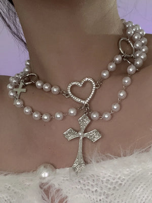 Sweet Cross Pendant Necklace Girls Love Heart Beads Choker Necklace