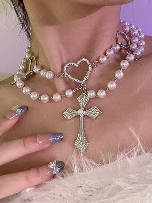 Sweet Cross Pendant Necklace Girls Love Heart Beads Choker Necklace